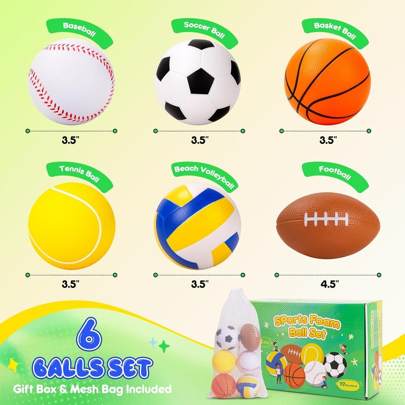 PlayZap 6 Pack Balls for Toddlers Kids, Foam Soft Balls Set, 3.5" Small Soccer Basketball Baseball Football Volleyball Tennis, Indoor Outdoor Sports Toys Gifts for Boys Girls - Image 2